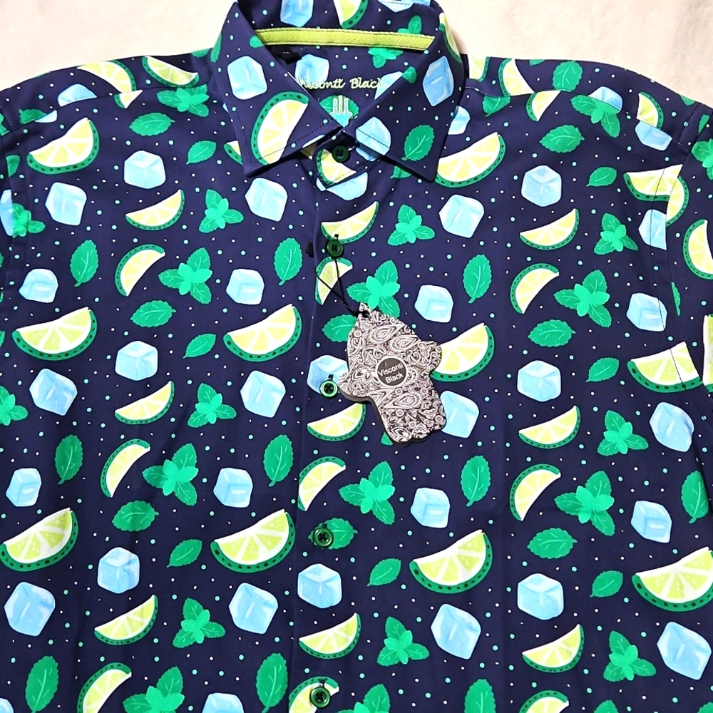 Visconti Black Men's Short Sleeve Button-up: Size- Medium- Navy Mojito Print - Picture 2 of 10